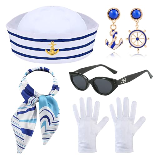 5 Pezzi Marinaio Costume Accessori,Navy Marinaio cappello,Cappello Marinaio,Marinaio Orecchini,Sciarpa e Occhiali Sole,per Costume di Navy Marinaio Feste in Maschera,Yacht Costume Cosplay Accessori