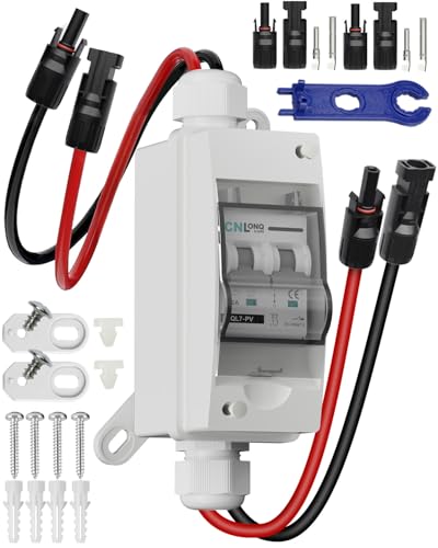CNLONQ Solar Disconnect Switch 32Amp 1000V DC Circuit Breaker 2P with PV Connector and IP65 Small Breaker Box and Wall Hooks for Outdoor PV Stystem, Rv and PV Array