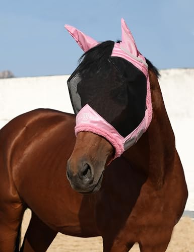 Harrison Howard Horse Fly Mask UV Protective Fine Mesh with Extra Wool Soft Touch on Skin Fly and UV Protection Light Pink L