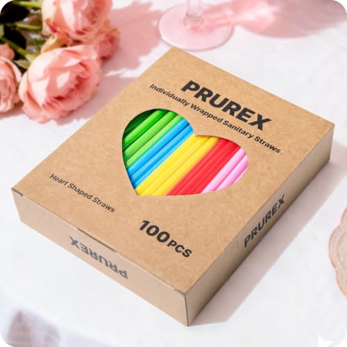 Image of 100pcs Heart Shaped Disposable Individually Wrapped Drinking Straws