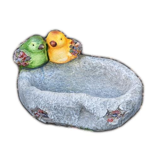 Two Birds On Rock Bird Bath 31cm Stone Effect Resin Grey Heavy Duty Water Seed Feeder