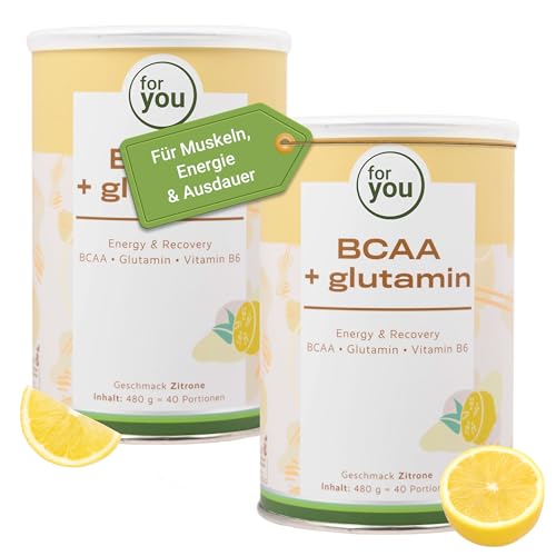 for you BCAA + Glutamin Energy & Recovery Doppelpack – Aminosäuren Pulver mit Vitamin B6 – Vegan & zuckerfrei – Für Muskelaufbau, Regeneration & Training – Sehr gut löslich – Geschmack Zitrone