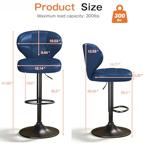 Image of Modern Bar Stools Set of 2, Adjustable Swivel Upholstered Full-Back Counter Height Bar Chairs for Kitchen Island, Dining Room, Bar Blue