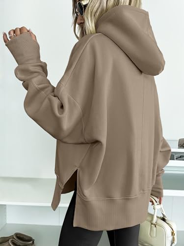 ANRABESS Womens Oversized Hoodies Long Sleeve Fleece Side Slit Hooded Sweatshirts Pullover 2026 Fall Outfits Y2K Clothes Coffee Grey Large