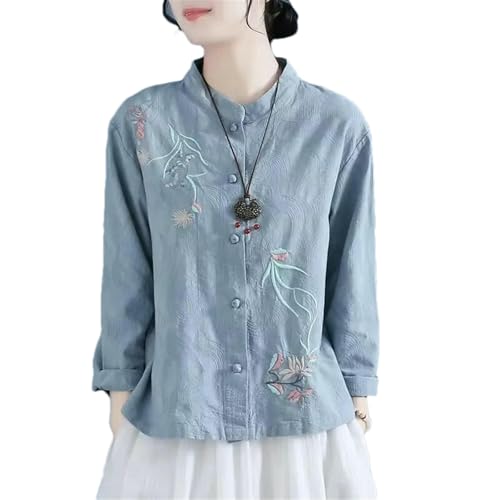 Chemise chinoise brodée manches longues coton lin col montant