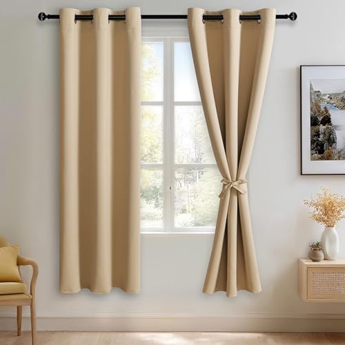 JIUZHEN Beige Blackout Curtains with Tiebacks, 2 Panels, 42x72 in