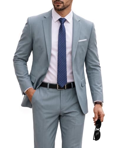 MrSure Men's 2 Piece Slim Fit Suit with Two-Button, Solid Stretch Jacket Pants & Tie Set Grey Blue