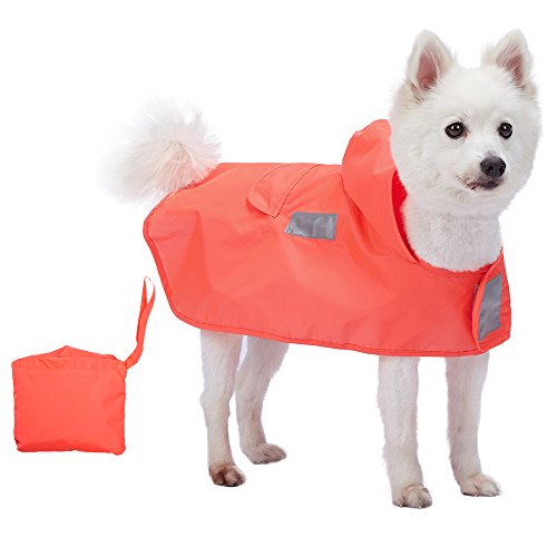 Blueberry Pet 25cm Leichter Verstaubarer Kapuzen-Hunde-Regenmantel Poncho mit 3M Reflektor-Sicherheitsstreifen in Kräftig Orange, Einzelpackung Outdoor Regenjacke für Hunde Cover