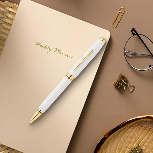 Image of Cross Coventry Pearl White Lacquer with Gold PVD Appointments Refillable Ballpoint Pen - Medium Point, Black Ink, Presented in a Luxury Gift Box