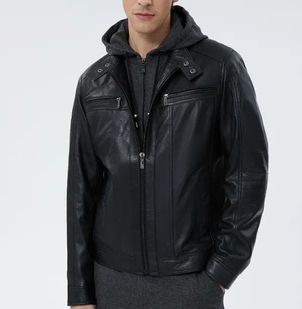 Men's Hooded Genuine Lambskin Leather Jackets Men - Motorcycle Leather Jacket With Removable Hood