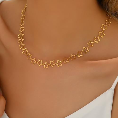 18K Gold Plated Choker Necklace for Women, Dainty Heart, Star, Moon, Cross, Daisy, Shell, Coin, Coffee Bean Link Chain Necklaces, Boho Summer Beach Jewelry3