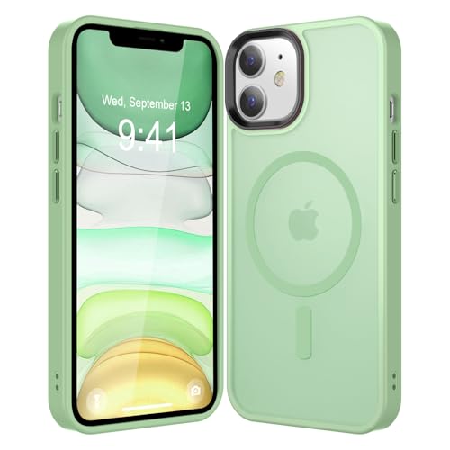 CHEZEAL Strong Magnetic for iPhone 11 Case Compatible with Magsafe, [13FT Drop Resistant] Translucent Matte Skin Feeling Back, Aluminum Alloy Keys Shockproof Phone Case, Light Green