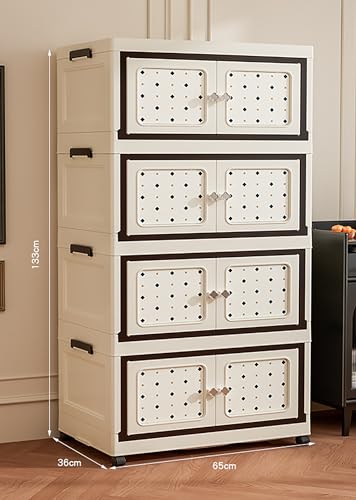 Image of House of Quirk Multifunctional Folding Storage Box Cabinet with Doors and Wheels - Space-Saving Storage for Clothes, Toys, and More - Ideal Mother and Child Clothing Organizer (4 Layer, 65cm)