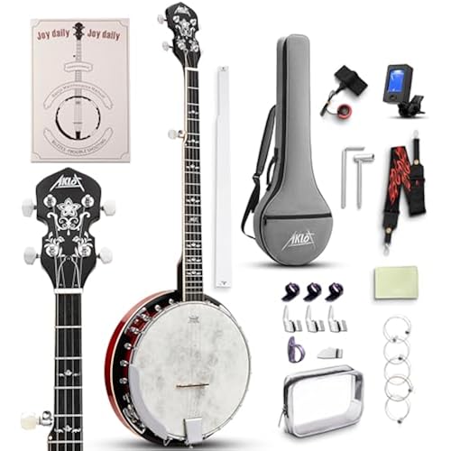 AKLOT Full-Sized Banjo with Remo Head: 38’’ 5 String Banjo Set with Removable Resonator, Geared 5th Tuner, 24 Brackets, Deluxe Beginner Kit with Gig Bag, Strings, Strap, Picks, Tuner, Bridge Ruler