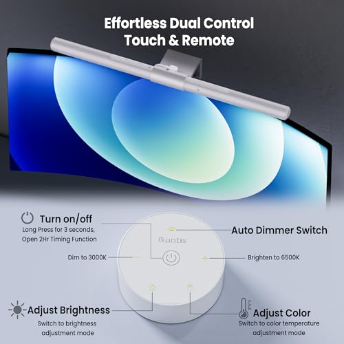 Image of Quntis Monitor Light Bar Pro White, Eye-Care No Glare USB Computer Lamp, Stepless Dimming & Auto-Dimming Brightness, Dual Control, Modern Aesthetic Space Saving Desk Accessories Office Gaming Reading