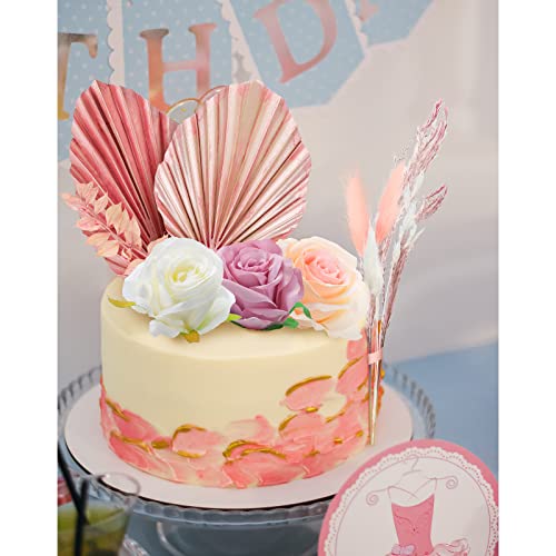 28 Pcs Boho Cake Topper Decorations Vintage Artificial Rose Flowers Leaves For Cake Decorating Kit Dried Faux Flower Decor For Bohemian Wedding Bridal Birthday Baby Shower Party Supplies (Pink) #TOP1