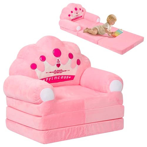 YUNYOUC Foldable Kids Sofa Bed, 2-in-1 Toddler Couch Chair with Wide Armrest, 110cm Armchair Nap Bed for Bedroom Livingroom, Playroom, Birthday Gifts for Boys Girls(Pink)