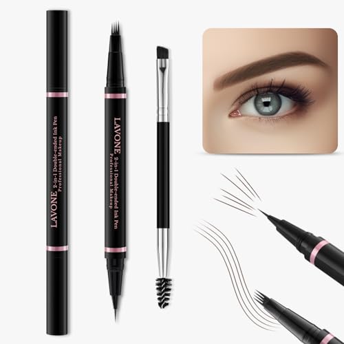 LAVONE Eyebrow Pencil, 2-in-1 Waterproof Eyebrow Pen with 4 Tip Brow Pen and Ultra-Precise Brow Pencil, with Dual-ended Eyebrow Brush, Eyebrow Makeup for Natural Looking Eyebrows - Dark Brown