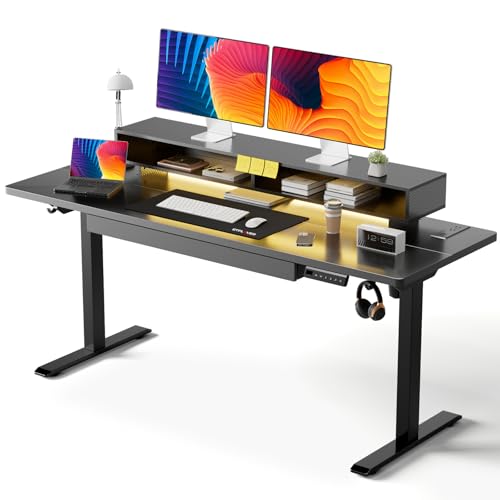 GTPLAYER Electric Standing Desk with Drawers, 48 x 24 Inch Height Adjustable Gaming Desk with Monitor Stand, Power Outlets & LED Lights, Home Office Sit Stand Up Desk with Memory Preset (Dark Grey)