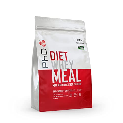 PhD Diet Whey Meal, Meal Replacement Shake for Fat Loss, 26 g of Protein, 18 g of Carbs, Strawberry Chesscake Flavour, 14 Servings Per 770 g Bag