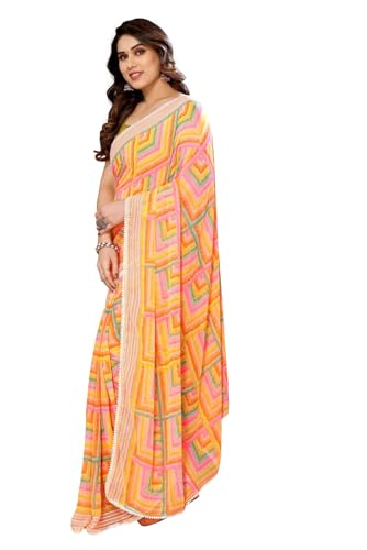 Image of ROOP SUNDARI SAREES Readymade Pleated Pre Drape Stitched Floral Printed Georgette Saree For Women's With Lace Border & Blouse(Ready To Wear One Minute)