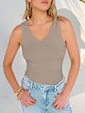 ANRABESS Tank Tops for Women V Neck Ribbed Knit Slim Fitted Sleeveless Basic Tee Tanks Casual Summer Clothes 2026 Light Khaki M