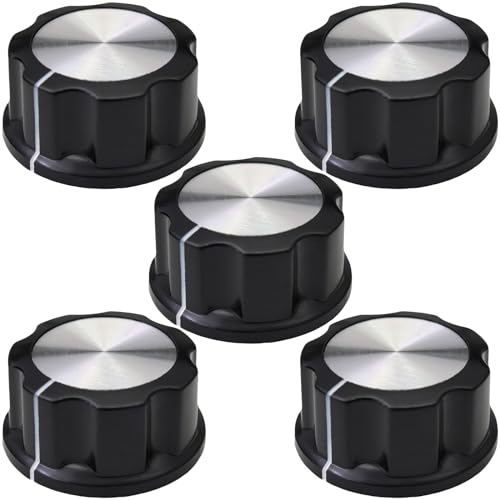 Image of 6mm Round Hole Silver Cap Large Black Retro Fluted Control Knob Pack of 5 (MF-A04)