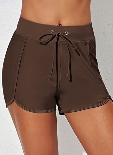 Aleumdr Women's 3 Inch Tummy Control Swim Bottoms With Liner Upf50+ Board Shorts With Zipper Pockets For Women Brown Large #TOP3