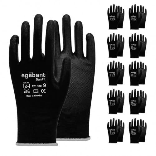 EgeBant SanFit 121330 PU Coated Safety Work Gloves – Black Nylon Liner, Protective Gloves for Industrial (Sizes 6–11) (10, 9)