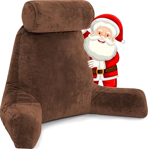 Husband Pillow - Chocolate, Big Backrest Reading Bed Rest Pillow with Arms, Plush Memory Foam Fill, Remove Neck Roll Off Bungee, Change Covers, Zipper On Shell of Bed Chair for Adjustable Loft