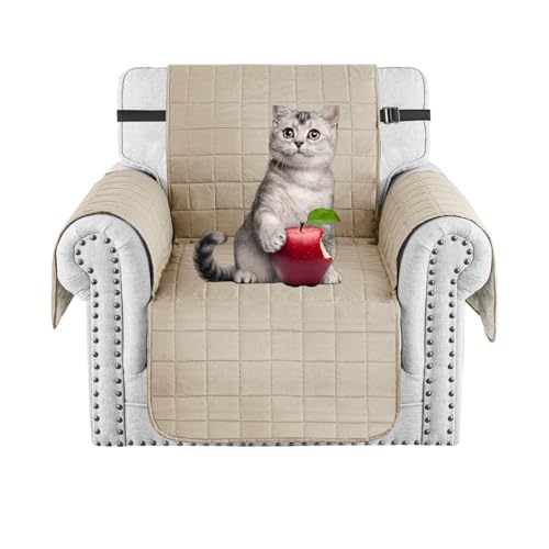 MAXIJIN Waterproof Chair Cover Slipcovers for Pets Dogs, 23.5" Quilted Armchair Sofa Cover Washable Dog Couch Covers Protector with Elastic Strap & Side Pocket (Chair, Khaki)