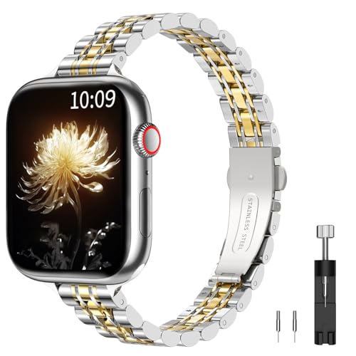 TiMOVO Metal Strap Compatible with Apple Watch 42mm (Series 11/10) 41mm 40mm 38mm for Women (2025), Dressy Replacement Strap for iWatch SE 3/2/1, Series 10/9/8/7/6/5/4/3/2/1, Silver/Gold