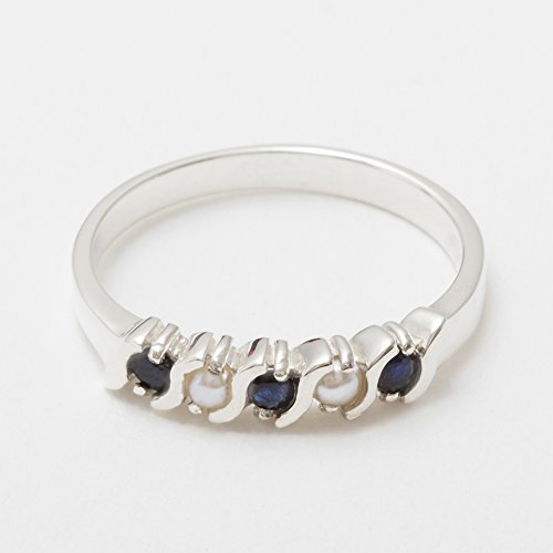 Solid 925 Sterling Silver Natural Sapphire & Cultured Pearl Womens Eternity Ring - 7.75 - Size 7.75 #TOP3