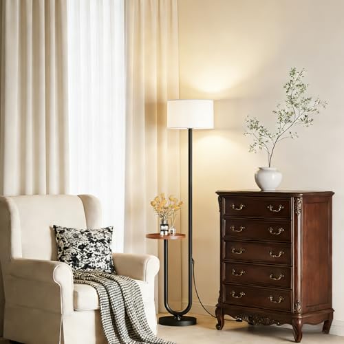 Floresita 62.9" Floor Lamp with Table Brown, White Lampshade Vintage Standing Lamp with Tray Foot Switch, 3 Color Temperatures LED Bulb Included, for Living Room, Bedroom by Floresita - Used condition - Image 5