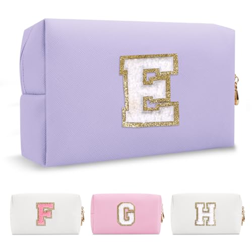 Personalized Makeup Bag Initial A-Z Preppy Patch Bag,Small PU Leather Travel Cosmetic Bag Pouch with Zipper,Purple Cute Toiletry Bag,Gift Ideal for Teen Girls Women Birthday Friend Mom,Latter E