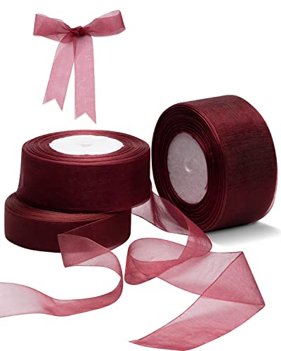 FAKILO 3 Rollen 1/1-1/2/2 Zoll weinrotes Band, Organzaband oder Geschenkverpackungen, 3 Größen, durchscheinende Organzabänder für Partydekoration, DIY Cover