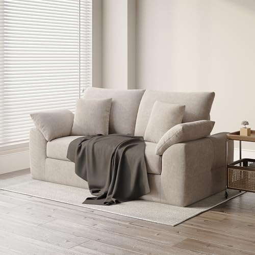 Image of 75.6 inch Modern Loveseat Sofa for Living Room, Cloud Boneless Couches with 4 Pillows, Mid Century Loveseat couches for Small Place, No Assembly Required, Camel