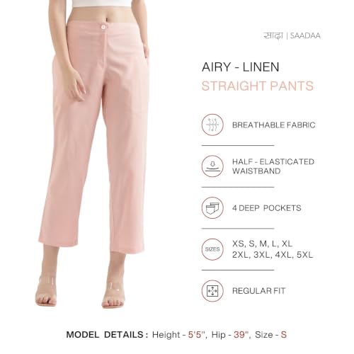 Image of SAADAA Women's Airy Linen Straight Pants | Regular Fit Trousers | Half Elasticated with Drawstrings & Buttons | 4 Pockets | Everyday & Office Wear