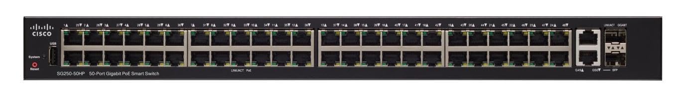 Cisco SG250-50 Managed L2/L3 Gigabit Ethernet (10/100/1000) 1U Black 48x 10/100/1000 Ports, 2 Gigabit Copper/SFP Combo Ports, 2.94kg