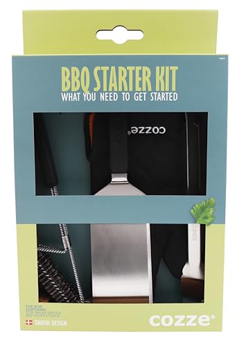 Cozze® Set di posate per barbecue, 4 pezzi, in acciaio inox, con pinza, paletta, spazzola per barbecue e guanto da barbecue, regalo di alta qualità per uomini e appassionati di barbecue, ideale per