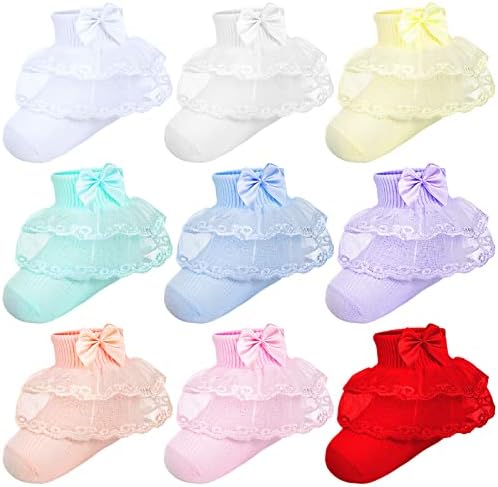 Coume 9 Pairs Baby-girls Frilly Lace Socks Newborn Infants 6-12 Months Turn Cuff Ruffle Eyelet Trim Ankle Dress with Bow for Girls, Red, Pink, White, Purple, Blue, Yellow, Cream, Light Green, Orange