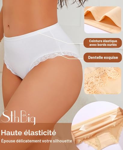 Sth Big Culotte Femme Coton Taille Haute avec Dentelle Slip Feminins sous Vêtement Femme Confortable et léger Style Élégant Culottes Coton (XL) – vue 2