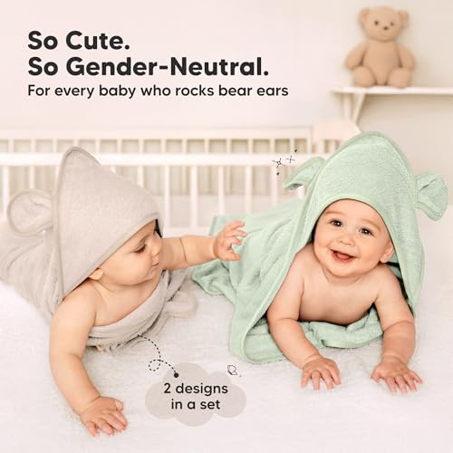Image of KeaBabies 2-Pack Hooded Baby Towels for Newborn - 30x30 Soft & Absorbent Viscose from Bamboo Baby Bath Towels with Hood for Infant, Toddler,Kids,Boys Girls,Newborn Bath Essentials (Sage, Petite)