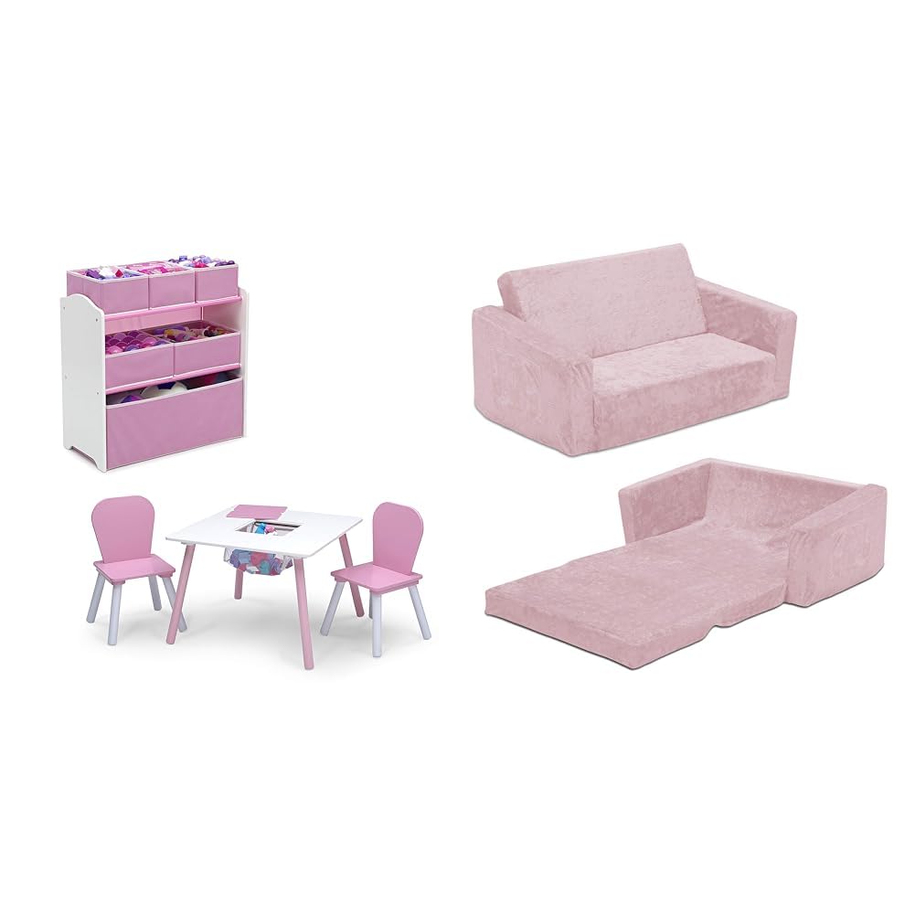 Delta Children 4-Piece Pink/White Toddler Playroom Set and Serta Pink Convertible Sofa to Lounger for Kids