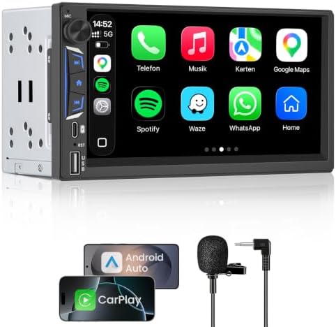 2 DIN Autoradio Bluetooth mit Bildschirm, Wireless CarPlay & Android Auto | 7 Zoll Doppel Din Auto Radio mit Freisprecheinrichtung, Sprachassistent, MirrorLink, EQ, Lenkradsteuerun