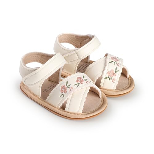 Image of Baby Girls Summer Sandals Adorable Flower Embroidery Princess Dress Shoes Soft Sole Prewalkers First Walking Shoes Birthday Wedding Sandals Anti-Slip Sneakers (White, 12-18 Months)