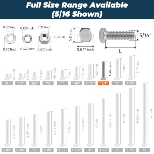 Image of 10 Sets Glvaner 5 /16-18 x 1-3 /4 inch Stainless Steel Hex Head Screws Bolts, Nuts, Flat & Lock Washers, 18-8 (304) Stainless Steel, Full Thread, Coarse Thread