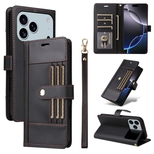 Étui iPhone 17 Pro noir avec clapet magnétique en cuir véritable