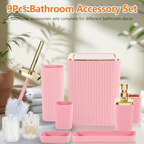 9 PCS Pink Bathroom Accessories Set with Trash Can Bathroom Accessory by Viowil - Used condition - Image 2