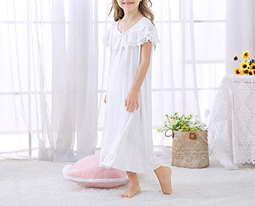 Chung Toddler Little Big Girls Modal Nightgowns Soft Princess Short Sleeve Round Square Neck Long Sleep Dress Vintage… (100, White 890) #TOP3